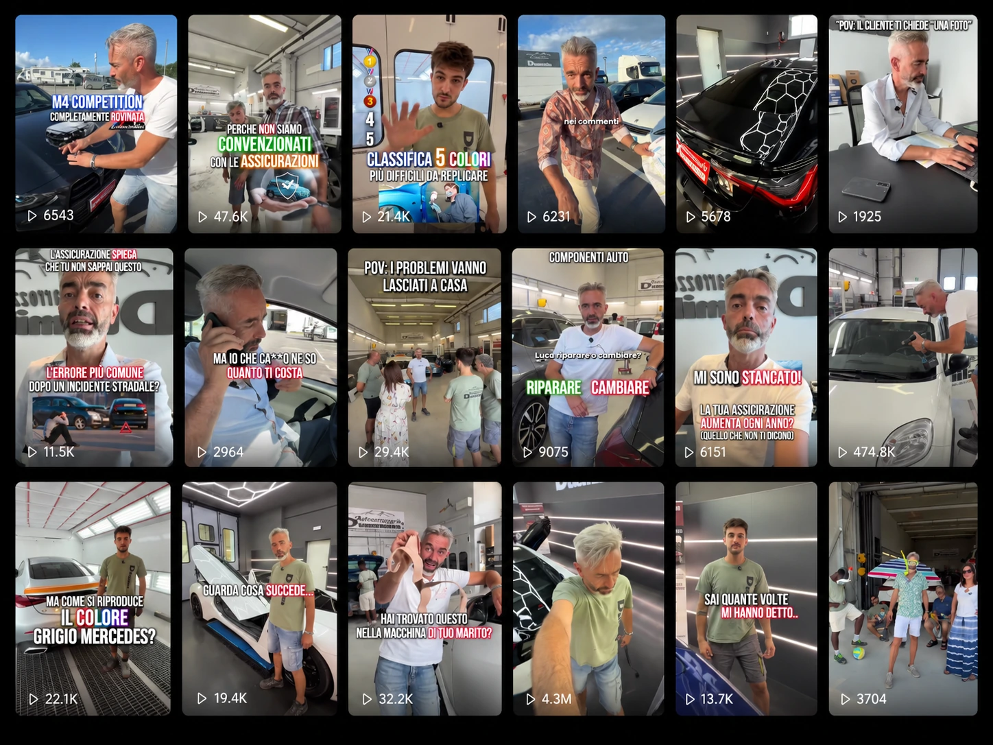 Griglia di diciotto video di Autocarrozzeria Duemila con le rispettive visualizzazioni.