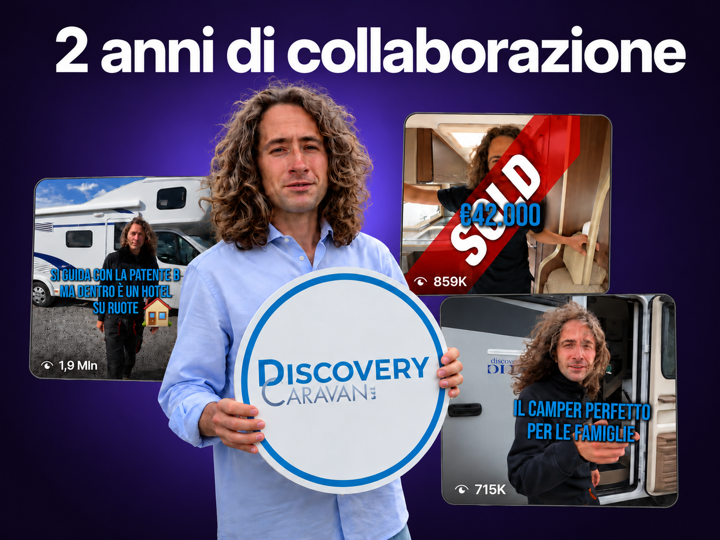 Discovery Caravan: ritratto del cliente con il logo e tre contenuti realizzati nei due anni di collaborazione