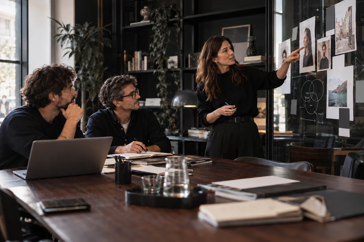 Tre professionisti discutono il posizionamento intorno a un tavolo e a una lavagna.